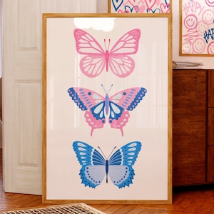 Blue Pink Butterfly wall art Trendy Girly print Cute Girls nursery decor College dorm decor Preppy room decor For teens Fun art PRINTABLE