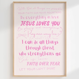 Pink Christian wall art Teen girl room decor Bible verse print Scripture wall art Faith Affirmations Girly Cute Religious quotes PRINTABLE