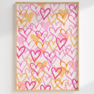 Pink orange Heart wall art Graffiti Abstract Love print Girly trendy wall art Bright Cute Preppy Aesthetic room decor for teens PRINTABLE