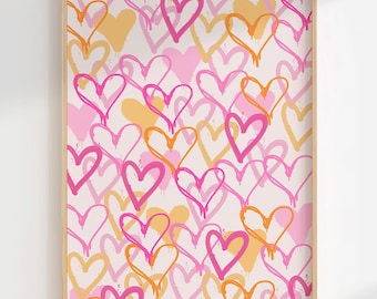 Pink orange Heart wall art Graffiti Abstract Love print Girly trendy wall art Bright Cute Preppy Aesthetic room decor for teens PRINTABLE