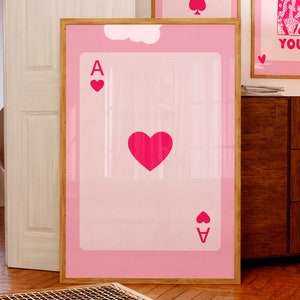 Impresión de as de corazones, póster de naipes rosas, arte de pared retro de moda, decoración de habitación estética para adolescentes, arte de pared femenino, decoración de apartamentos IMPRIMIBLE