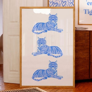 Blue Tiger print Girly trendy wall art Preppy room decor For teens College dorm decor Cute print Light blue Aesthetic room decor PRINTABLE