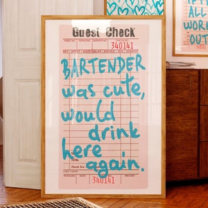 Barman był słodki, chętnie wypiłbym tu ponownie, turkusowy wystrój baru, retro, czek gościa, wydruk, modny, zabawny, słodki, turkusowy wystrój kuchni, DO DRUKU