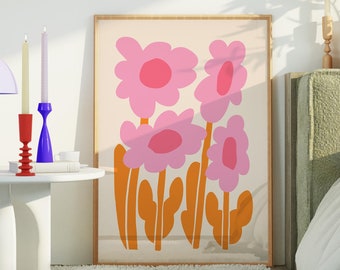 Retro Flower Wall Art: Pink & Orange Floral Print, Funky Mid Century Decor (Digital Download)