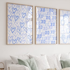 Lichtblauwe muurkunst trendy prints set van 3 schattige preppy kamerinrichting voor tienermeisjes College appartement decor harten kunst XOXO-poster AFDRUKBAAR