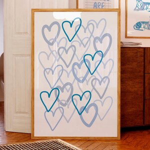 Estampa de corações azuis, arte de parede fofa e moderna, decoração de quarto estilosa e moderna para meninas adolescentes, decoração engraçada de apartamento universitário, decoração estética para quarto, PARA IMPRIMIR