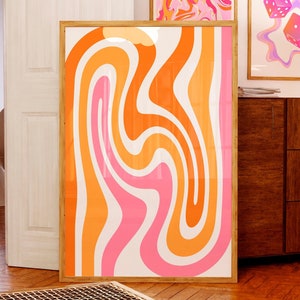 Impression ondulée rétro art mural coloré rose orange, affiche tourbillon gribouillis, art mural abstrait funky, impression groovy audacieuse des années 70, 90, art de style imprimable