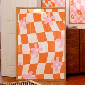 Impression d&#39;art mural à damier, damier de fleurs ondulées, impression d&#39;art mural rétro funky, rose orange des années 70, impression d&#39;art, décoration de chambre esthétique preppy mignonne, imprimable