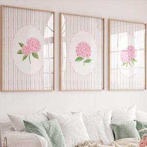 Hydrangea prints set of 3 Striped floral triptych wall art Cottagecore farmhouse decor Cute Grandmillennial art Botanical wall art PRINTABLE