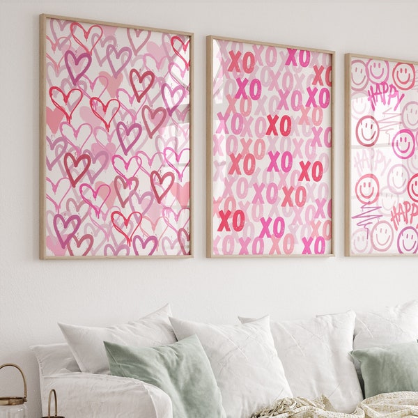 Pink red wall art Girly Trendy prints set of 3 College dorm decor Hearts print XOXO Happy Face print Preppy room decor For teens PRINTABLE