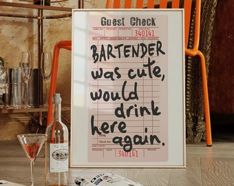 Bartender Was Cute Would Drink Here Again, Bar Cart Print, Retro Guest Check Wall Art Men Cave Decor PRINTABLE