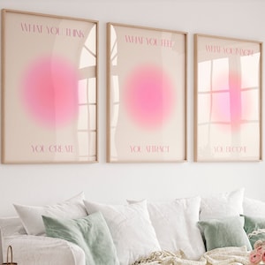 Póster de aura rosa, arte de pared con afirmaciones diarias, juego de 3, arte de pared espiritual, impresiones de manifestación, decoración de habitación estética femenina de moda, IMPRIMIBLE