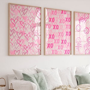 Pink Preppy wall art Pink prints Set of 3 Trendy wall art Girly prints College dorm decor Happy wall art Hearts print XOXO poster PRINTABLE