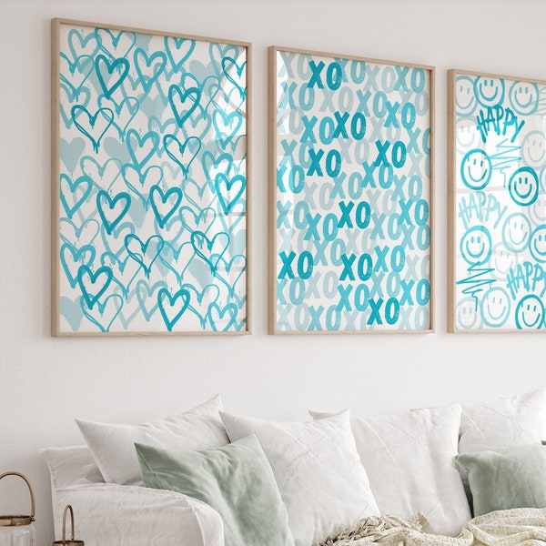 Teal muurkunst Turquoise Preppy prints Groen Trendy muurkunst set van 3 Funky College slaapzaal decor Happy Face print Cute Girly muurkunst AFDRUKBAAR