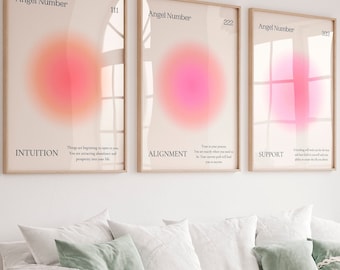 Angel Number print 111 222 333 Pink Aura poster set of 3 Trendy wall art Spiritual prints Indie Pink orange Aesthetic room decor PRINTABLE