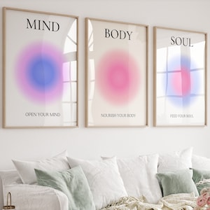 Mind Body Soul prints Positive Aura posters set of 3 Spiritual Meditaiton room decor Zen wall art Blue pink Aesthetic room decor PRINTABLE