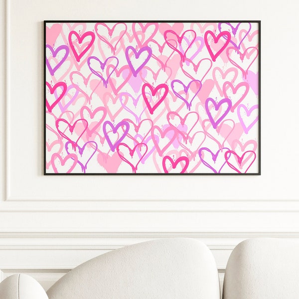 Pink purple wall art Hearts print Girly wall art Preppy room decor For teens Trendy College dorm decor Graffiti wall art Hearts PRINTABLE