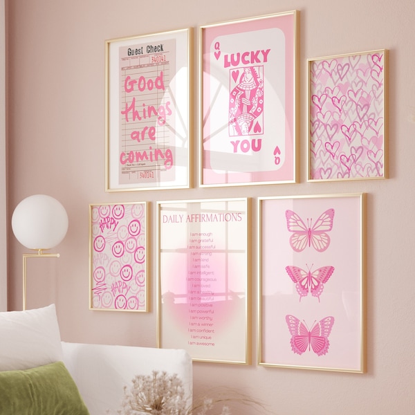 Pink preppy wall art Girly Trendy prints set of 6 College dorm decor Aesthetic room decor For teens Positive Daily Affirmations PRINTABLE