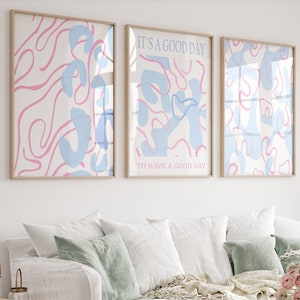Light blue and pink wall art Squiggle Swirl Wavy Abstract shapes wall art Pastel Aesthetic room decor Trendy prints set of 3 Positive poster