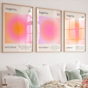 Ensemble de 3 affiches Aura, impression nombre 111, 222, 333, art mural rose orange, affiche spirituelle zen, décoration de chambre esthétique et tendance, art imprimable