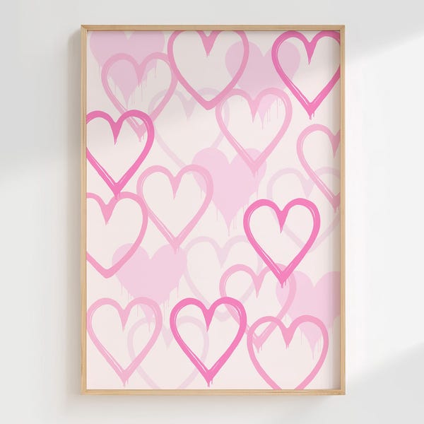 Impression de coeurs graffiti roses, décoration de chambre BCBG (téléchargement numérique)