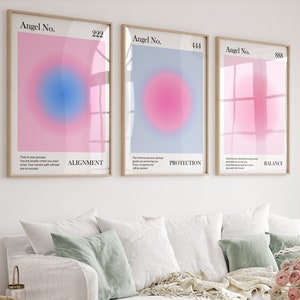 Angel Number 222, 444, 888 prints Pink blue Aura poster set of 3 Spiritual zen wall art Girly Aesthetic room decor Apartment decor PRINTABLE