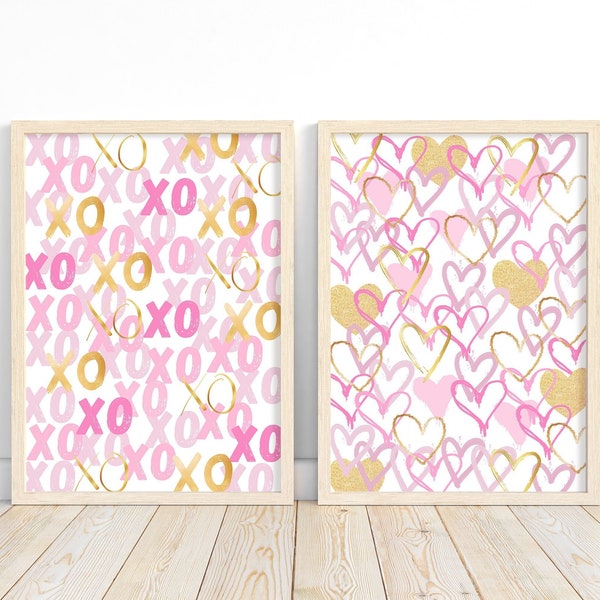 Gold pink wall art Preppy room decor For teens College dorm decor Aesthetic Trendy prints set of 2 Graffiti Hearts art XOXO print PRINTABLE