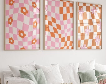 Juego de 3 láminas decorativas de pared con estampado de cuadros ondulados: decoración de los años 70 en rosa y naranja, láminas retro con estilo (descarga digital).