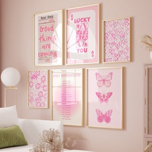 Ensemble de 6 affiches murales rose preppy, décoration tendance pour chambre d'étudiant (téléchargement numérique)