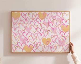 Pink Gold Hearts Print: Love Romantic Wall Art, Trendy Preppy Dorm Decor (Digital Download)