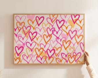 Bunte Herzen Print: Rosa & Orange, Preppy Girly Wohnheim Dekor, horizontale druckbare Kunst