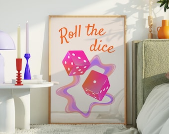 Väggkonst med "Roll The Dice", retro funky affisch, groovy 70-talstryck (digital nedladdning)