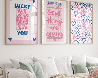 Ensemble de 3 oeuvres d'art murales preppy bleu marine et rose, décoration tendance pour dortoir (téléchargement numérique)