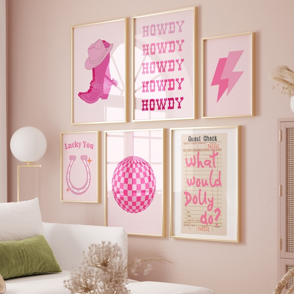 Pink Cowgirl wall art Preppy gallery wall Set of 6 Girly Western wall art Trendy prints College apartment decor  Retro cowgirl PRINTABLE ART