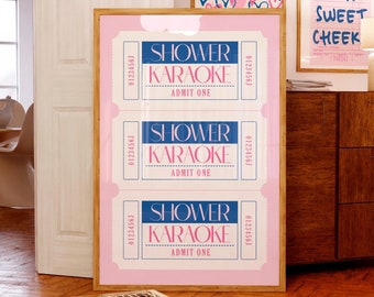 Shower Karaoke Ticket Print, Pink & Blue Funny Bathroom Wall Art (Digital Download)