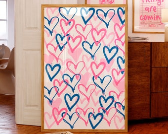 Blue & Pink Hearts Print: Romantic Wall Art, Trendy Dorm Decor (Digital Download)