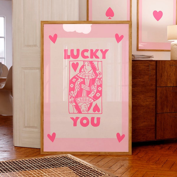 Lucky you Pink print Queen Of Hearts poster Retro trendy wall art Girly Preppy dorm decor Blush pink Aesthetic Apartment decor PRINTABLE ART
