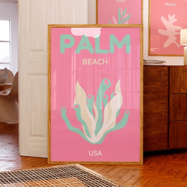 Palm Beach print Preppy travel poster Pink turquoise wall art Beachy room decor Trendy printCoastal wall art Aesthetic room decor PRINTABLE