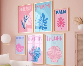 Pink & Blue Beach Prints Set, Modern Coastal Wall Art, Beachy Home Decor (Digital Download)