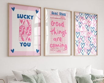 Navy pink wall art Trendy print set of 3 Cute Girly wall art Preppy room decor College dorm decor Lucky you poster Funky wall art PRINTABLE