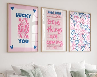 Navy pink wall art Trendy print set of 3 Cute Girly wall art Lucky you poster Preppy room decor College dorm decor Good Things PRINTABLE ART