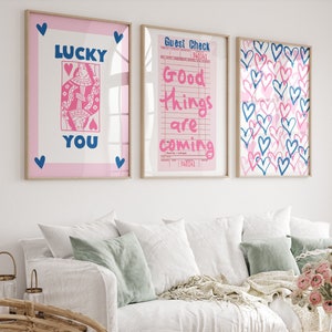 Navy pink wall art Trendy print set of 3 Cute Girly wall art Preppy room decor College dorm decor Lucky you poster Funky wall art PRINTABLE