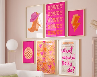 Preppy Cowgirl wall art Orange Hot pink print Girly Western wall art Trendy prints Set of 6 Cute College dorm room decor For teens PRINTABLE