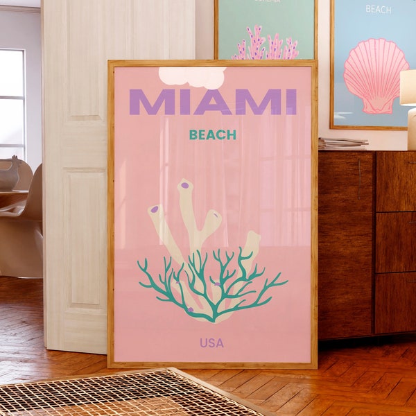 Affiche de Miami Beach, art mural côtier moderne, impression tendance, affiche de voyage preppy, décoration d'appartement, décoration de chambre esthétique, art mural girly, imprimable