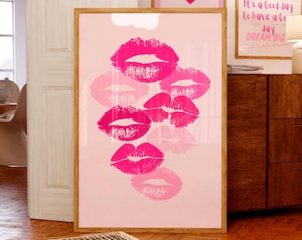 Pink Kiss Lips Print: Retro Preppy Dorm Decor, Girly Wall Art (Digital Download)