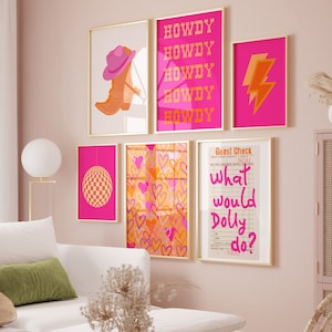 Arte de pared de vaquera preppy, estampado naranja y rosa intenso, arte de pared occidental femenino, estampados de moda, juego de 6, linda decoración para dormitorio universitario, para adolescentes, IMPRIMIBLE