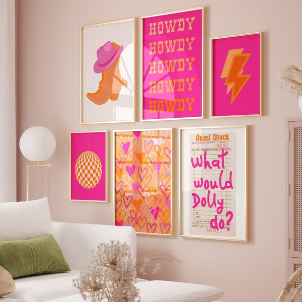 Preppy Cowgirl wall art Orange Hot pink print Girly Western wall art Trendy prints Set of 6 Cute College dorm room decor For teens PRINTABLE