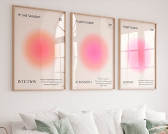 Angel Number print 111 222 333 Pink Aura poster set of 3 Trendy wall art Spiritual prints Indie Pink orange Aesthetic room decor PRINTABLE