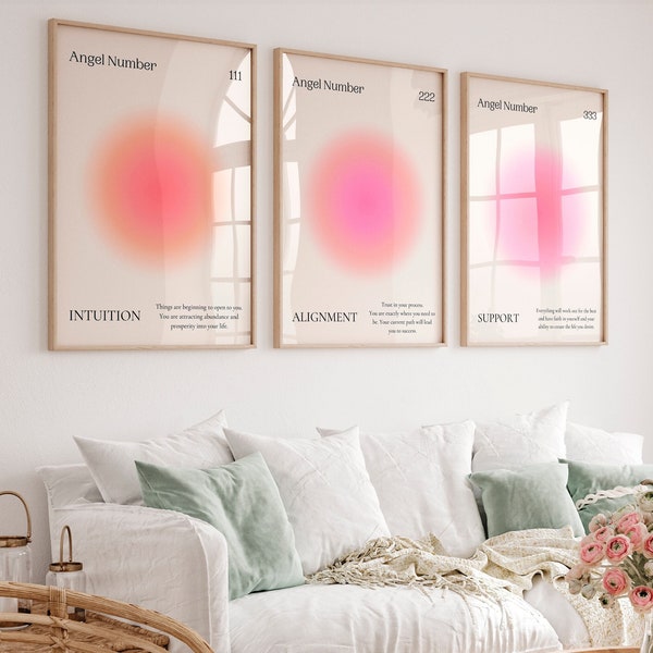 Angel Number print 111 222 333 Pink Aura poster set of 3 Trendy wall art Spiritual prints Indie Pink orange Aesthetic room decor PRINTABLE