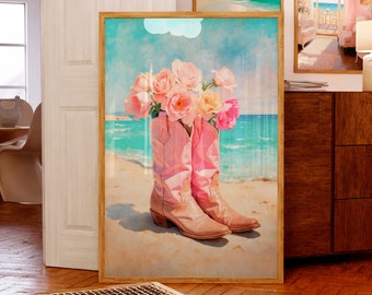 Pink Cowgirl boots with flowers print Coastal Cowgirl wall art Girly Western decor Trendy Preppy room decor Beach Apartment decor PRINTABLE